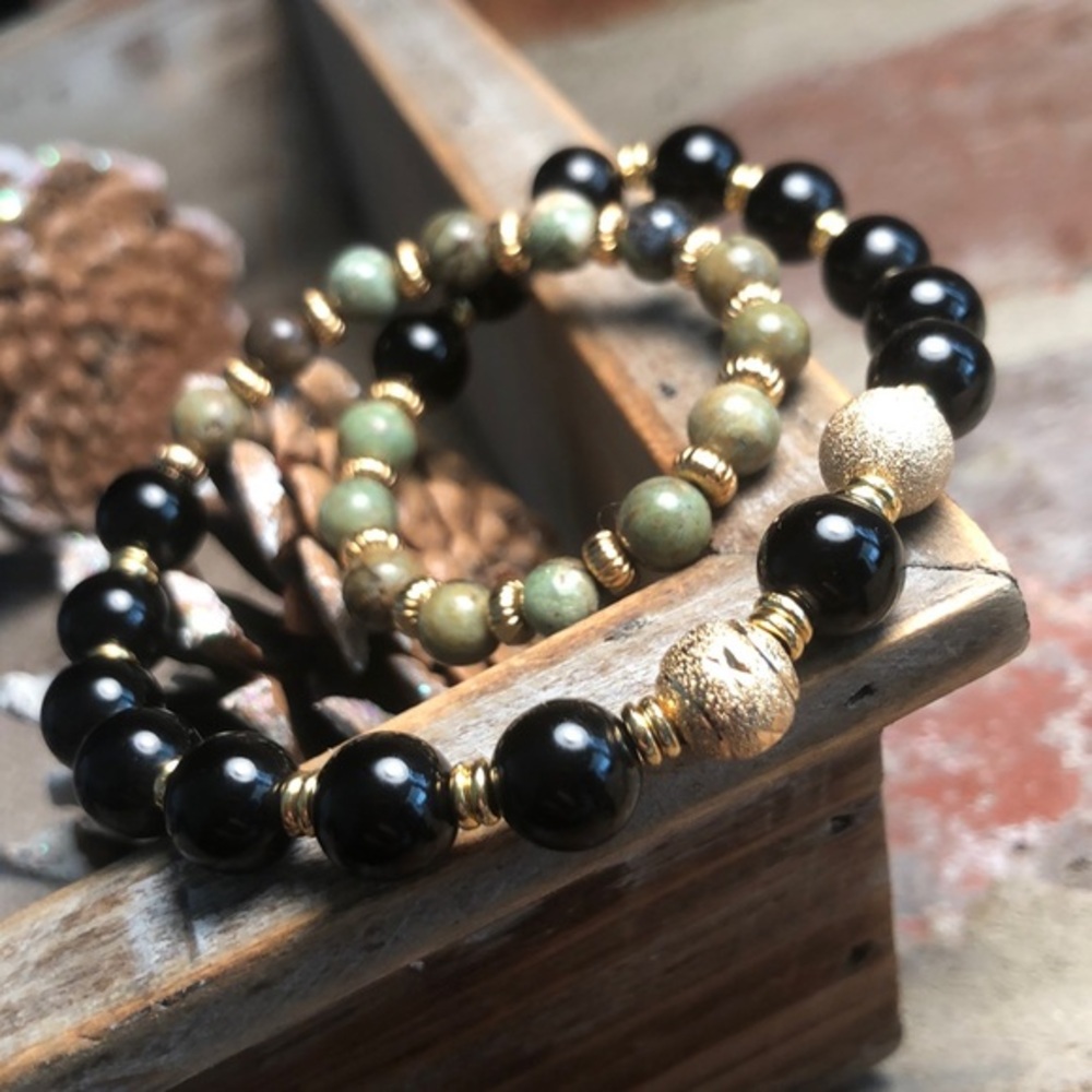 Onyx & African Turquoise Gemstone with 14k gold plated beads